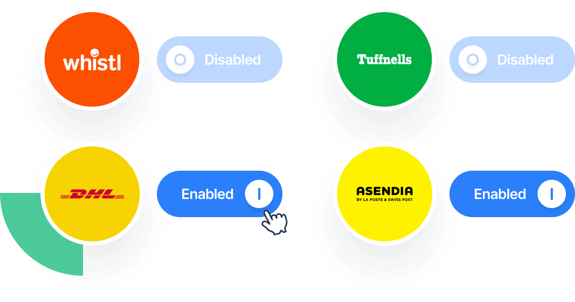 Icons showing examples of different couriers, DHL and Asendia are enabled, Whistl and Tuffnells are disabled