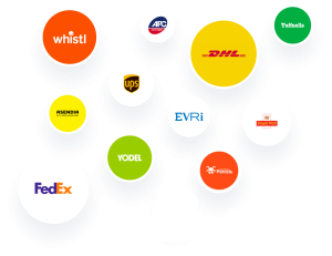 A graphic with 11 different courier logos such as DHL and FedEx